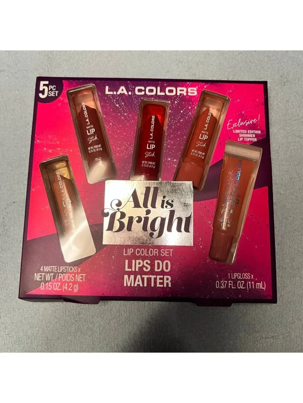 L.A. COLORS All is Bright Lips Do Matter 5 Piece Lip Gloss Gift Set New LA